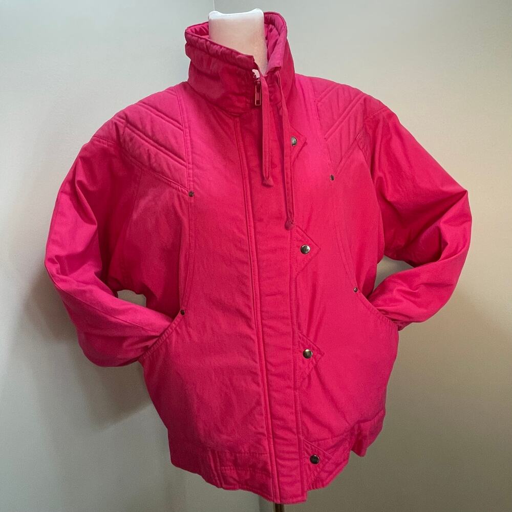 Vintage 80’s Hot Pink Retro Geometric Puffy Quilted Ski Jacket Coat BRAETON sz M